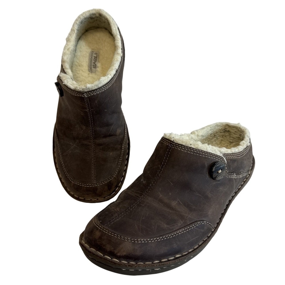 Teva Women's Brown Leather Mules Clogs Shearling Lined Comfort Shoes Size 6‎
